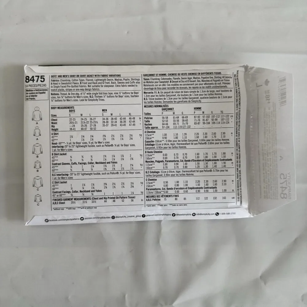 Simplicity Sewing Pattern 8475 Dad & Me Shirt Jacket Hooded Mens 34-48 Boys S-L